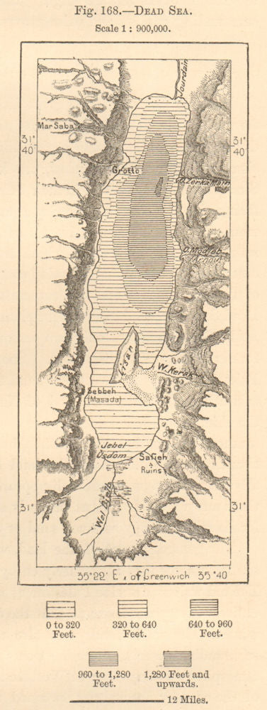 Dead Sea. Middle East. Wadi Almujib. Israel Jordan. Sketch map 1885 old